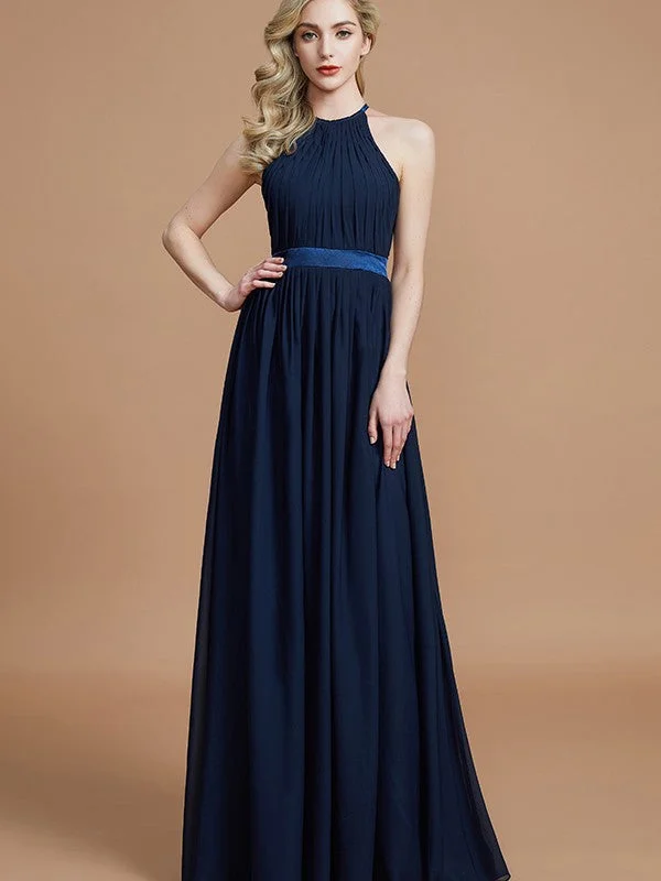 Casual Chic Women's Clothes Charming Silhouette A-Line/Princess Halter Sleeveless Ruched Floor-Length Chiffon Bridesmaid Dresses