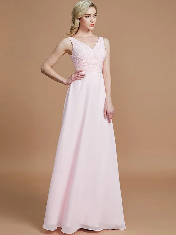 Sustainable Women's Clothing Final Clearance A-Line/Princess Sleeveless Floor-Length Chiffon V-neck Bridesmaid Dresses