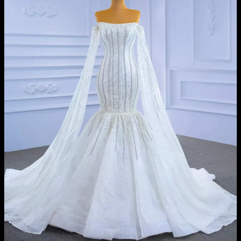 Women's Vacation Outfit Bold Silhouette Cape Sleeve Beaded Wedding Dress with Off the Shoulder