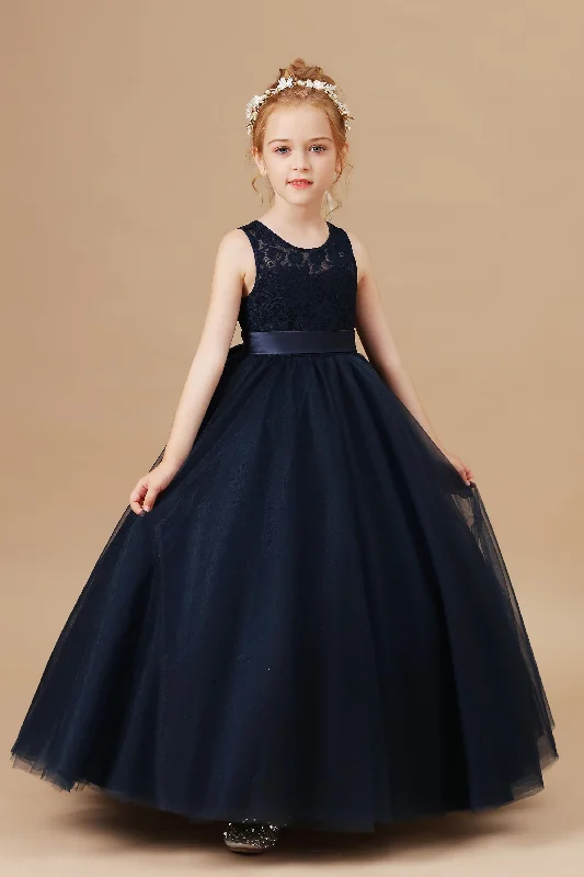 Women's Evening Attire Disco - Inspired Retro Dance Look Pretty Sleeveless Lace Tulle Flower Girl Dresses With Bownot