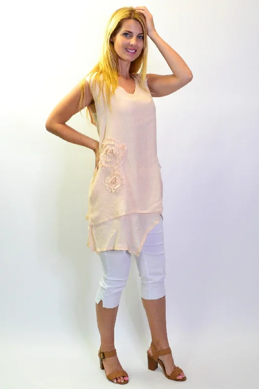 Women's Athleisure Apparel Holiday Sale Peach Applique Sleeveless Tunic Top