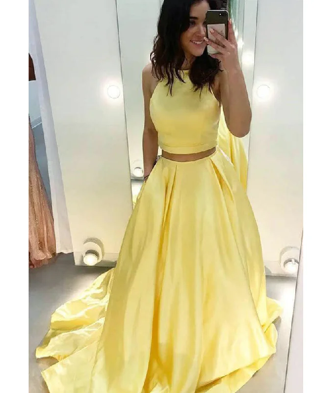 Comfortable Women's Apparel Discounts on Casual Weekend Styles Crop Top Yellow Prom Dresses Senior Long Graduation Gown PL1021