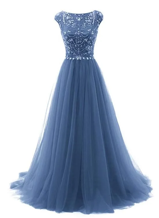 Women's Weekend Outfit Beautiful Blue Round Neckline Beaded A-Line Party Dresses, Long Formal prom Gowns  cg6218