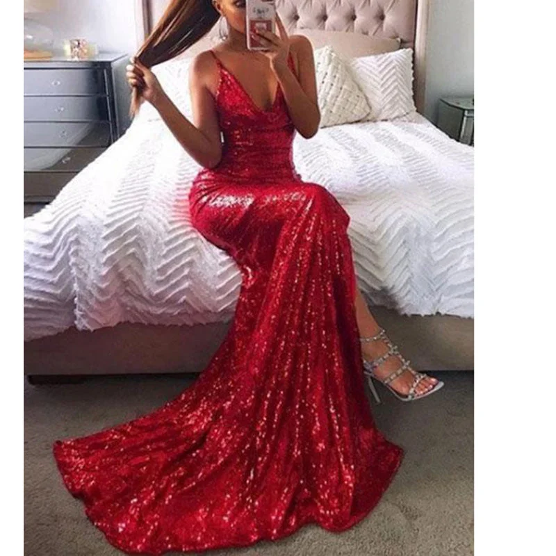 Women's Activewear Attire Y2K Nostalgic Fashion Look Bling Bling Sequin Prom Dress Red Evening Party Gown Slit Leg Spaghetti Straps vestido de festa