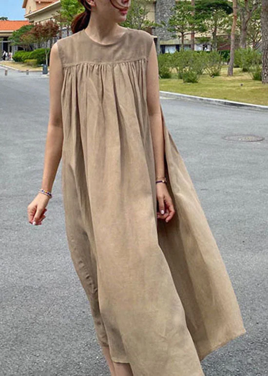 Affordable Trendy Clothes For Women Lightweight Fabric Simple Khaki O-Neck Cotton Long Dresses Sleeveless