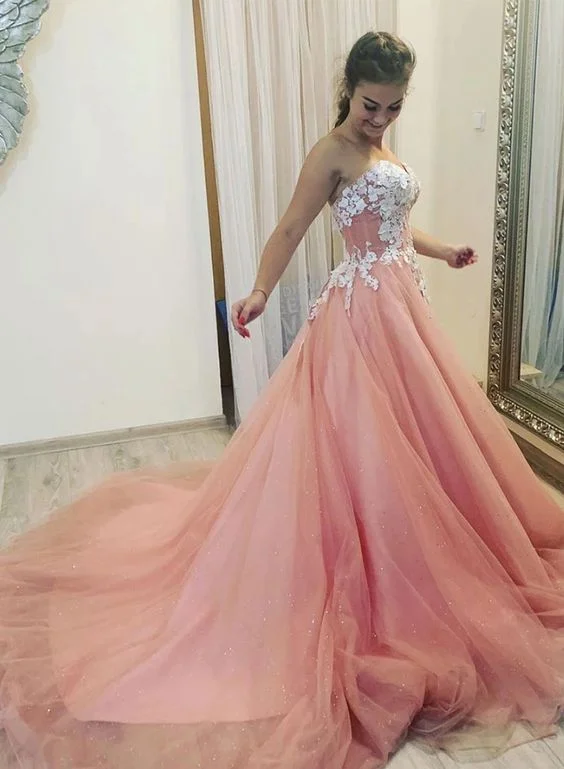 Women's Evening Garments Pink tulle lace A line long prom gown pink evening dress cg4687