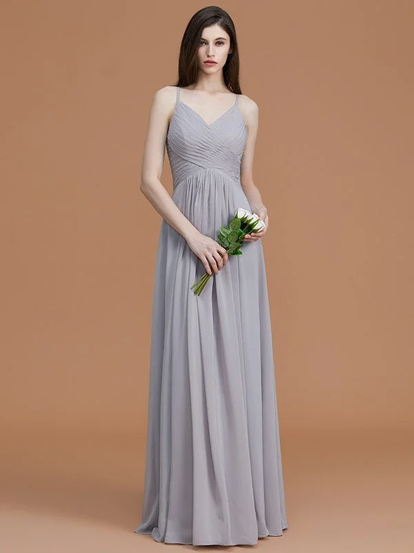 Women's Elegant Evening Outfit Sophisticated Cut A-Line/Princess Spaghetti Straps Sleeveless Floor-Length Ruched Chiffon Bridesmaid Dresses