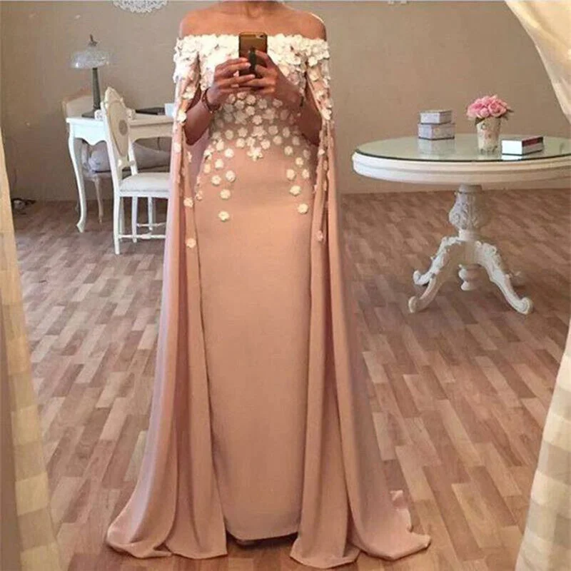 Women's Vacation Outfit Save on Inspired Styles Trendy Dubai Style Long Cape Evening Formal Gowns Chiffon Long Prom Dresses 2018 with Flowers