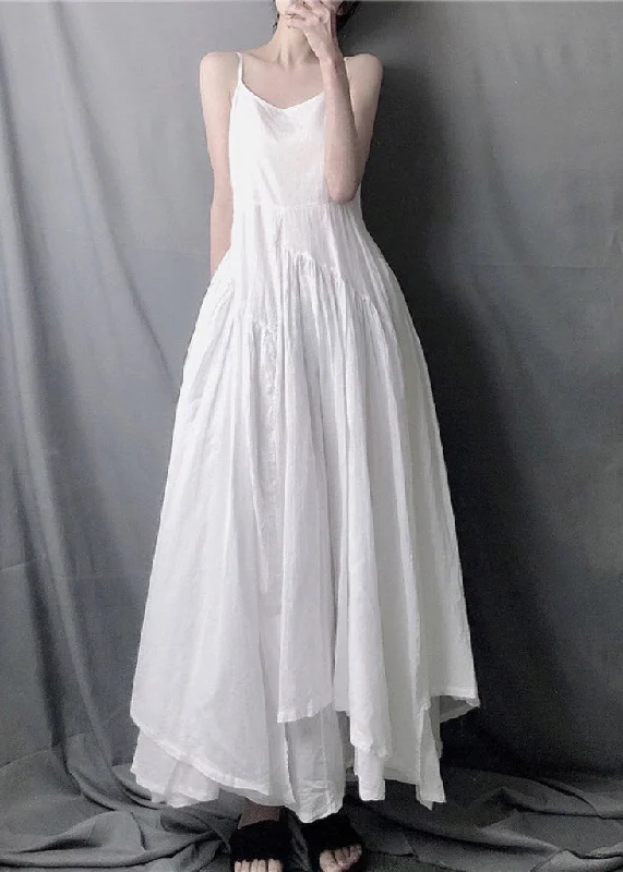 Women's Night-Out Clothes Soft Textures Elegant White Asymmetrical Layered Wrinkled Spaghetti Strap Long Dress Sleeveless