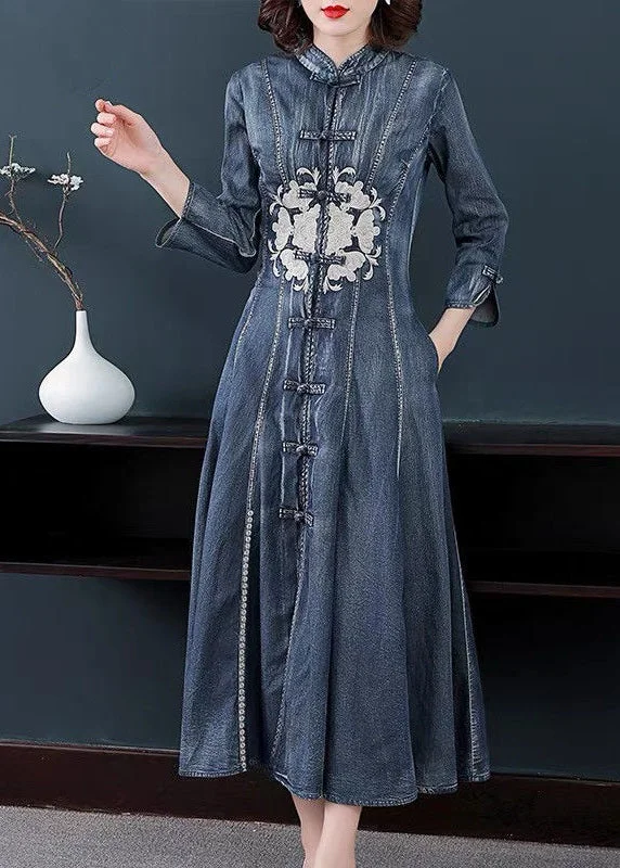 Women's Outerwear Garments Feminine Grace Slim Fit Navy Stand Collar Embroideried Cotton Denim Dress Long Sleeve