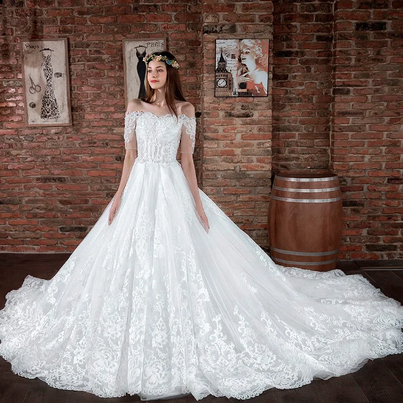 Women's Trendy Attire Today Only Princess Ball Gown Tulle and Lace Wedding Dress with Short Sleeve