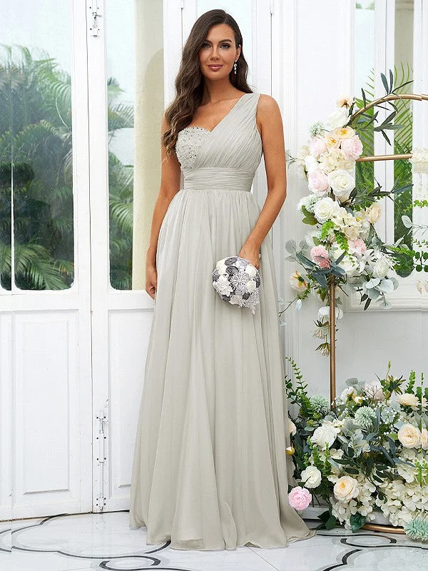 Women's Clothing And Garments Sets Feminine Charm A-Line/Princess 30D Chiffon Sequin One-Shoulder Sleeveless Floor-Length Bridesmaid Dresses