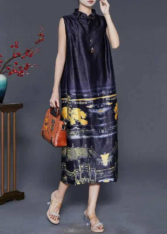 Women's Outfit For The Office Seasonal Trend Fine Black Mandarin Collar Print Silk Dress Sleeveless