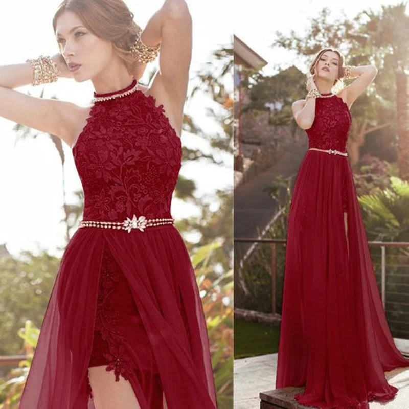 Women's Clothing For Outdoor Activities Urban Sophistication Burgundy Halter Lace Long Evening Formal Gown Prom dress with Sexy Slit LP0280