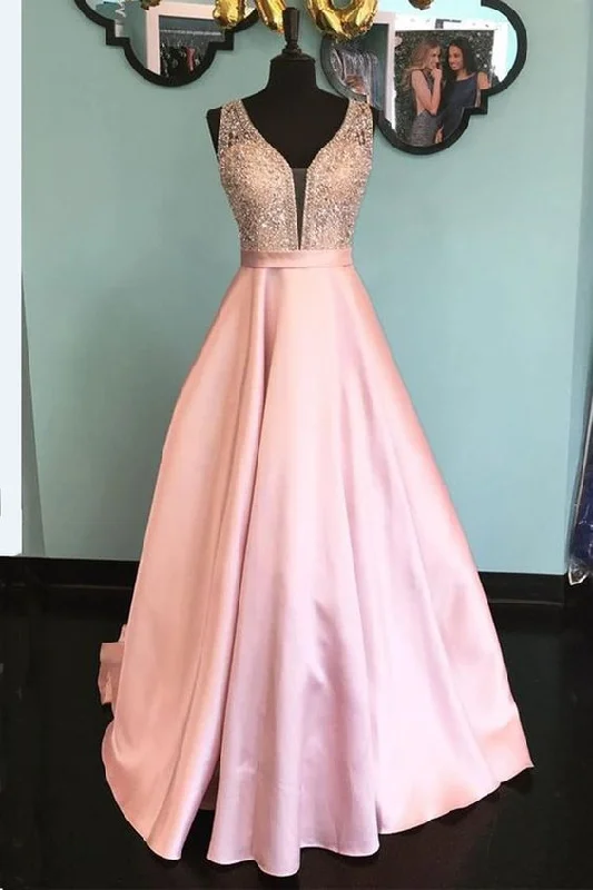 Women's Transitional Attire Anniversary Sale Shinning pink satin V neck long senior prom dress, long open back evening dress    cg16707