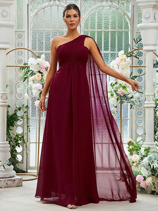 Chic Women's Attire Grab Romantic Date - Night Styles Now A-Line/Princess Chiffon Ruched One-Shoulder Sleeveless Floor-Length Bridesmaid Dresses