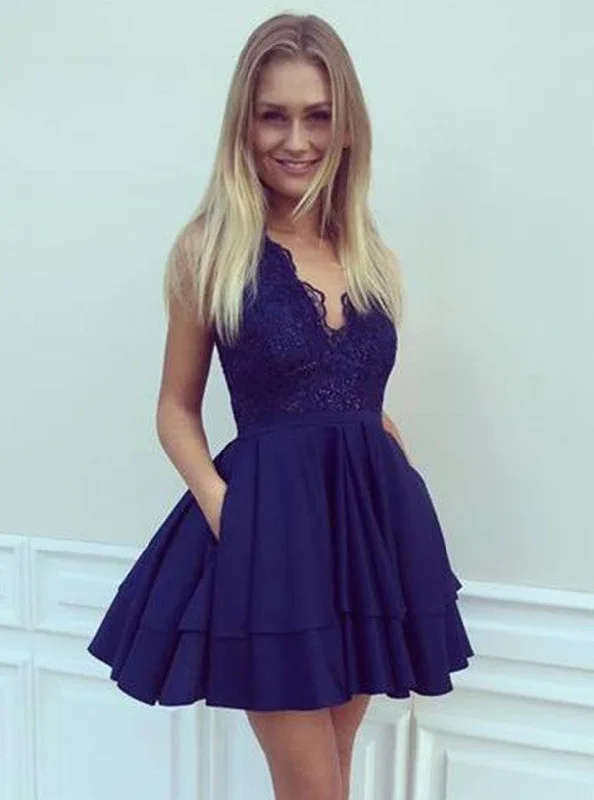 Women's Luxury Attire Bold Silhouette A-Line Navy Blue V-Neck Short/Mini Lace Satin Prom Dress With Pockets