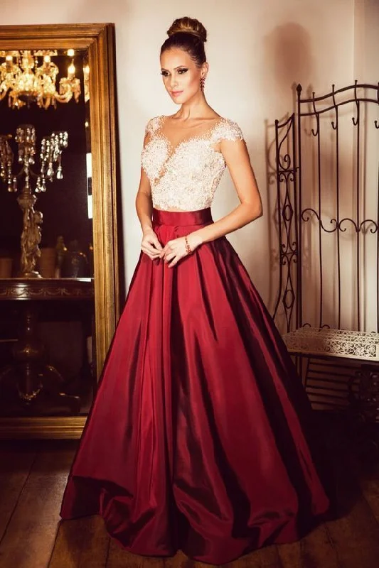 Women's Elegant Clothes Sophisticated Cut Elegant Formal Dresses illusion Neck Cap Sleeve Beads A Line Satin Burgundy Evening prom Gowns  cg14002