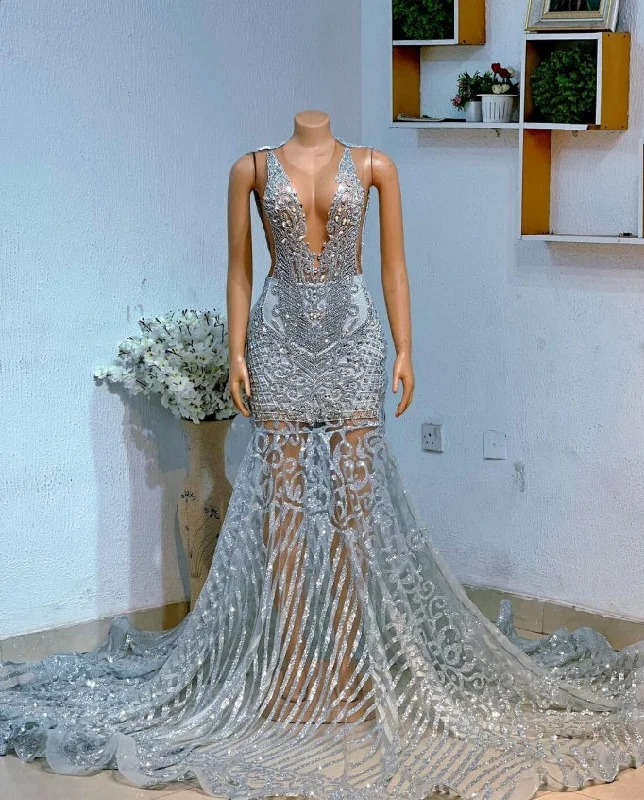 Women's Trendy Garments Mother's Day Special African prom dress, ball dress, luxury silver mermaid prom dress, bridesmaid gown, evening gown, birthday photoshoot gown, dinner party gown