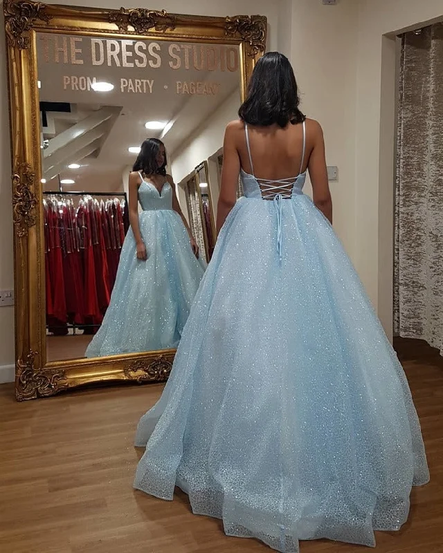 Women's Stylish Casual Garments Blue Prom Dress,Tulle Prom Gown,Backless Evening Dress,Spaghetti Straps Prom Gown    cg9448