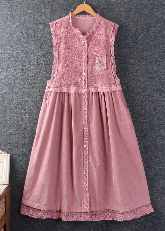 Women's Chic Apparel Great Deals on Ethnic Cultural Wear French Pink Ruffled Pockets Lace Patchwork Corduroy Dress Sleeveless