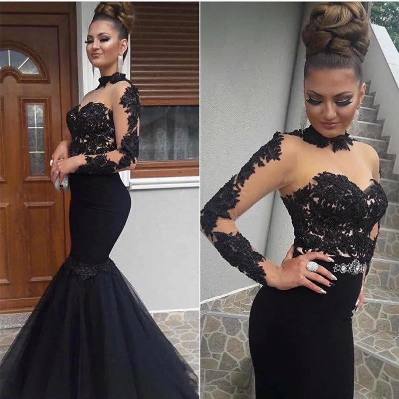 Women's Trendy Clothing Parisian Effortless Chic Style LP3363 Black See Through Sexy Long Sleeved Formal Gown mermaid lace Women Evening Long Dresses Vestido de Festa