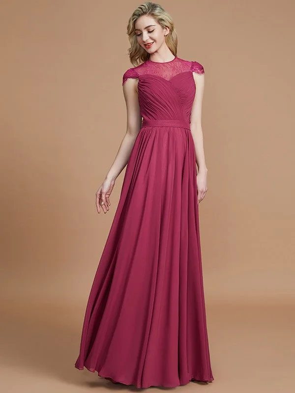 Comfortable Lounge Clothing Art Deco Geometric Pattern Look A-Line/Princess Scoop Short Sleeves Chiffon Floor-Length Bridesmaid Dresses