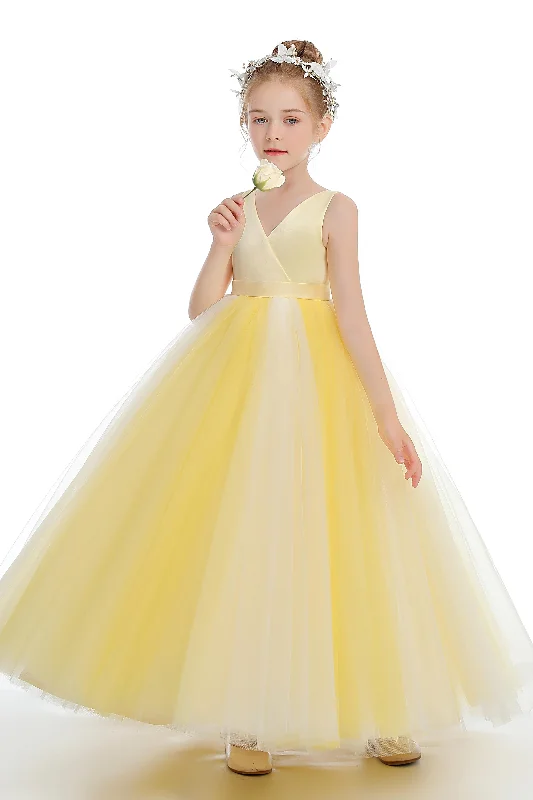 Fashionable Women's Outfit Graceful Movement Cute Sleeveless V-Neck Yellow Tulle Flower Girl Dress