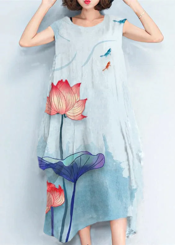 Women's Effortless Casual Outfit Parisian Effortless Chic Style 2024 Blue Flowers natural cotton polyester dress oversize sleeveless traveling dress Elegant kaftans