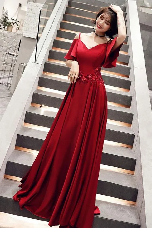 Women's Vintage Clothes Feminine Charm Simple burgundy v neck satin long prom dress, burgundy evening dress cg2144