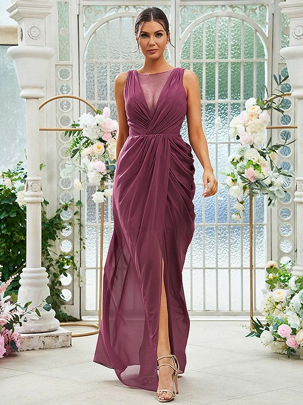 Women's Vintage Attire Save on Classic Elegant Styles Sheath/Column Chiffon Ruched Scoop Sleeveless Floor-Length Bridesmaid Dresses