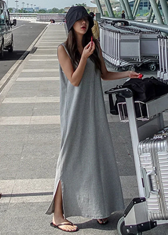 Chic Clothing For Women Feminine Soft - Hued Look French Grey O-Neck Backless Side Open Cotton Long Dress Sleeveless