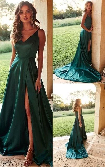 Elegant Women's Attire Disco - Inspired Retro Dance Look A-Line V-Neck Satin Long Prom Dress with Split Dark Green Evening Dress  cg605