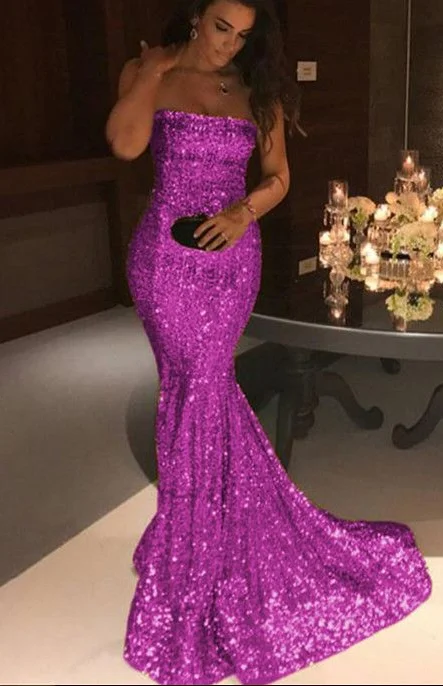 Women's Professional Garments Long Purple Sequins Strapless Prom Dress Mermaid Evening Gowns cg4672