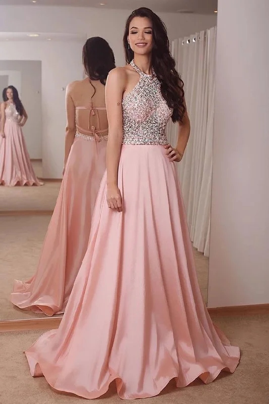 Fashionable Women's Clothing Nordic Minimalist Home Look halter pink satin long evening prom dress with sparkles   cg12819