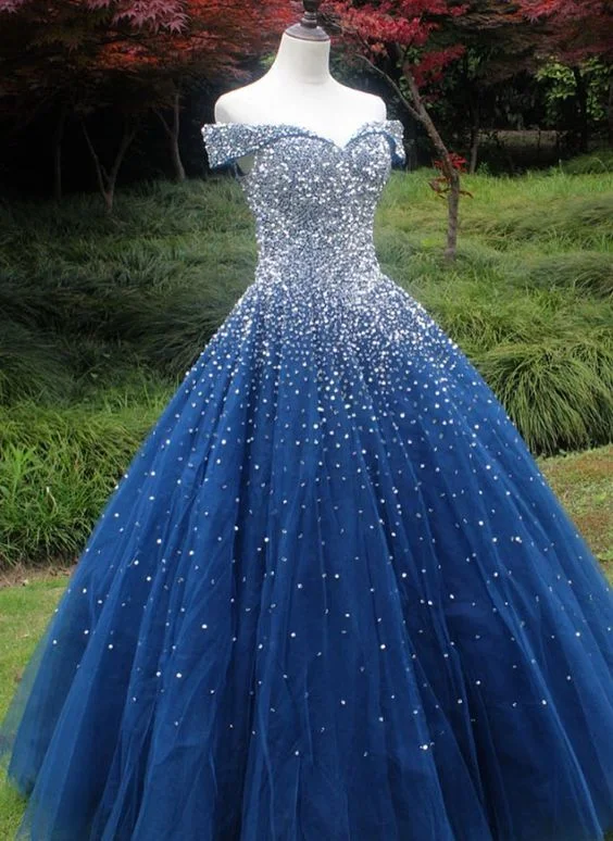 Stylish Women's Garments sparkle off the shoulder sequins navy blue ball gown prom dress , sweet 16 dress  cg4761