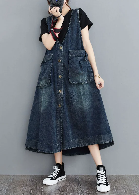 Women's Trendy Apparel Boho - Chic Festival - Ready Style Organic Navy V Neck Pockets Patchwork Denim Sundress Sleeveless