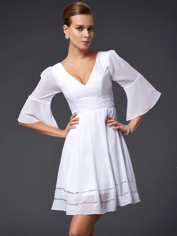 Women's Chic Outfit Modern Romance A-Line/Princess V-neck 1/2 Sleeves Beading Short Chiffon Bridesmaid Dresses