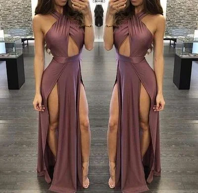 Women's High-Fashion Clothes Minimalist Chic Sexy A Line Prom Dress Halter Sleeveless Side Slit Evening Formal Gowns  cg6256