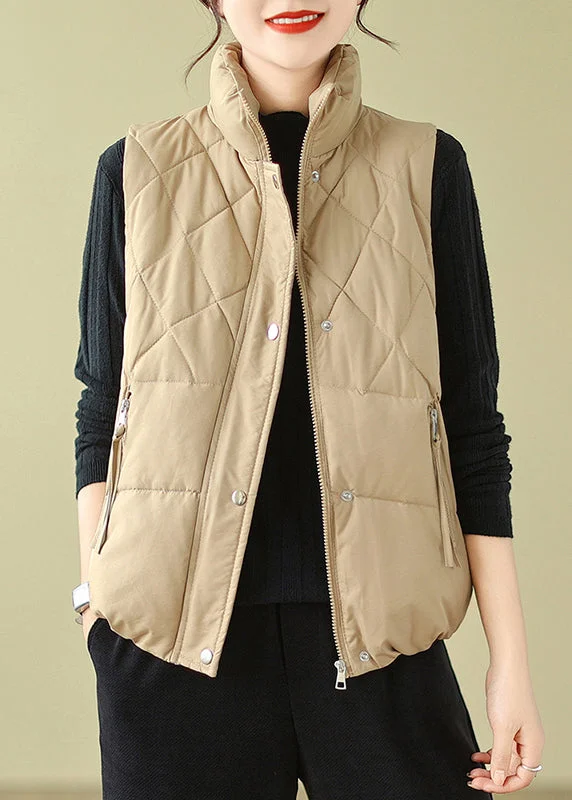 Affordable Women's Outfit Minimalist Chic Casual Khaki Zip Up Patchwork Fine Cotton Filled Vest Sleeveless