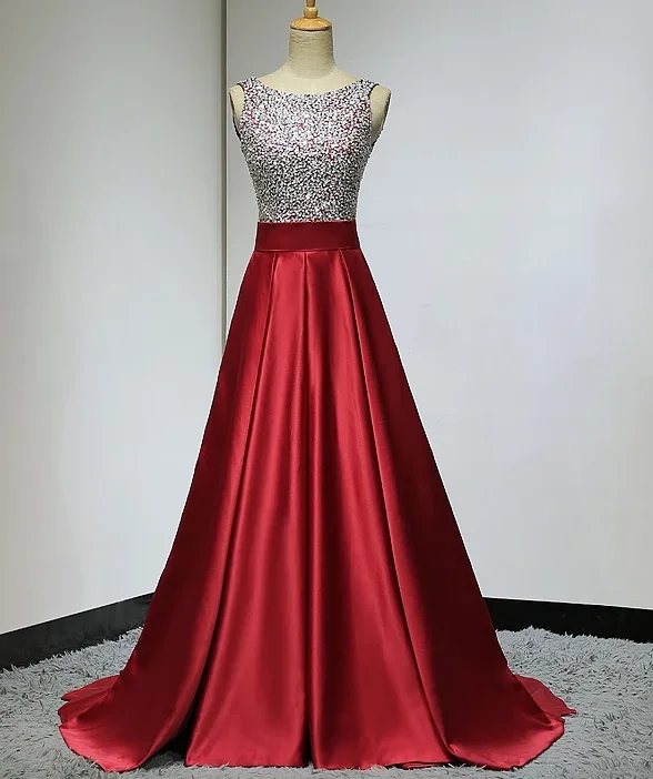 Women's Evening Attire Y2K Nostalgic Fashion Look Red Sequins Satin Round Neckline Backless Long Prom Dress, Red Formal Dress   cg13258