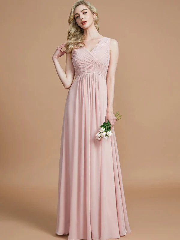 Women's Travel Attire Final Clearance A-Line/Princess V-neck Sleeveless Ruched Floor-Length Chiffon Bridesmaid Dresses