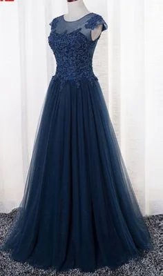 Chic Clothing For Women Navy Blue Tulle Long Prom Gowns, Blue Prom Dresses, Formal Dresses  cg7642