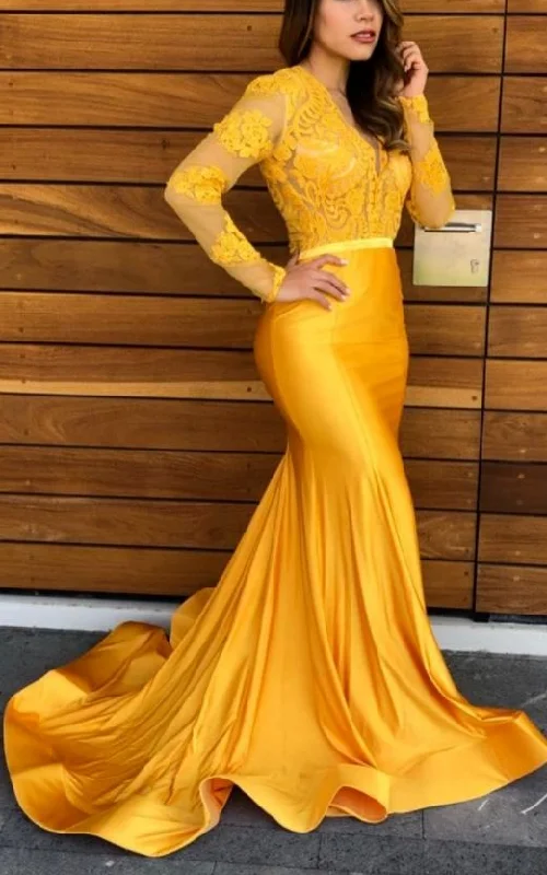 Women's Clothing Yellow Lace Mermaid Prom Party Dresses Vintage Sheer Lace V-neck Evening Gowns  cg7740