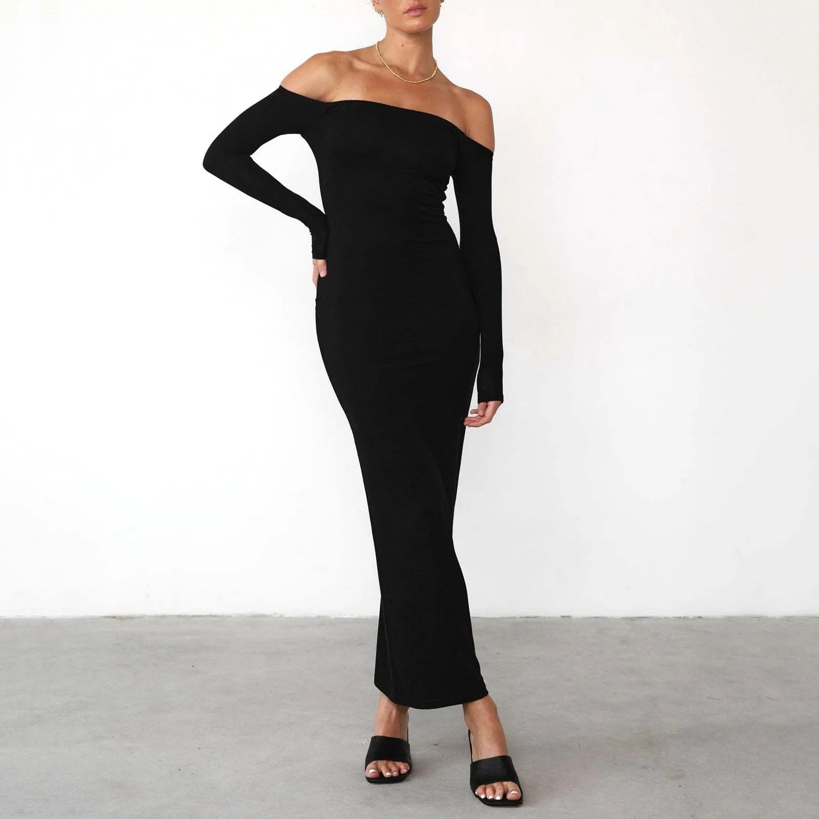 Women's Outerwear Garments Alluring Design JuliaFashion - Spring Autumn Women Solid Black Off Shoulder Maxi 2024 New Elegant Slash Neck Long Sleeve Bodycon Slim Dress