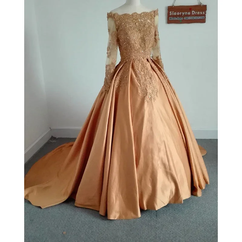 Women's Athletic Clothes Celebrate with Big Savings Off Shoulder Gold Lace Ball Gown Long Sleeves Prom Dress Formal Wear