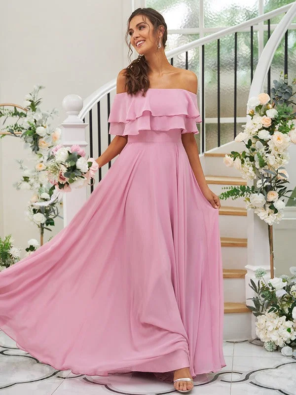 Women's Resort Garments Everyday Glamour A-Line/Princess Chiffon Ruffles Off-the-Shoulder Sleeveless Floor-Length Bridesmaid Dresses