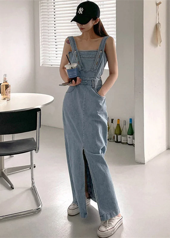 Stylish Women's Clothing Chic Urban Fashion Look Slim Fit Blue Slash Neck Button Pockets Backless Denim Dress Sleeveless