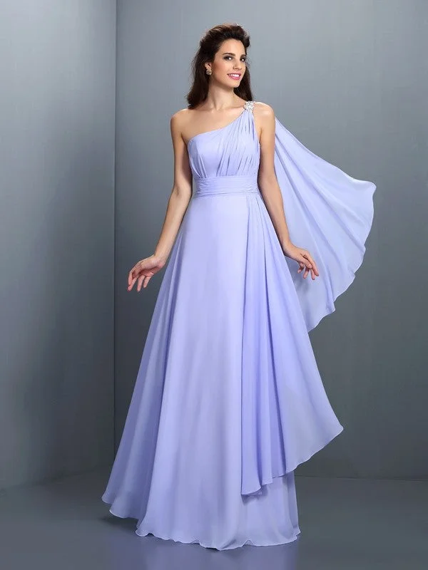 Women's Clothing Sets Beat the Heat in Tropical Styles A-Line/Princess One-Shoulder Pleats Sleeveless Long Chiffon Bridesmaid Dresses