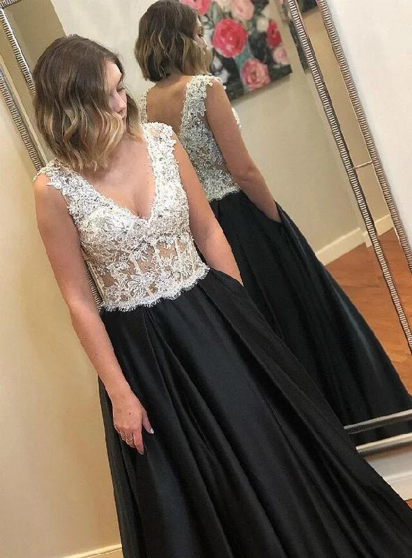 Chic Clothing For Women Coastal Beach - Inspired Style Black Satin White Lace Deep V-neck Beading Prom Dress   cg12854